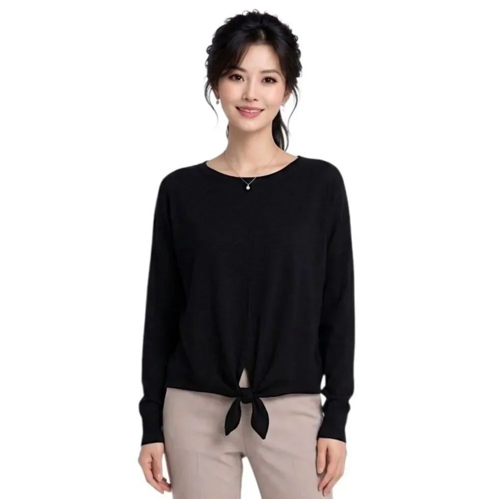 H&M Black Textured Tie Hem Knot Long Sleeve Top Size S